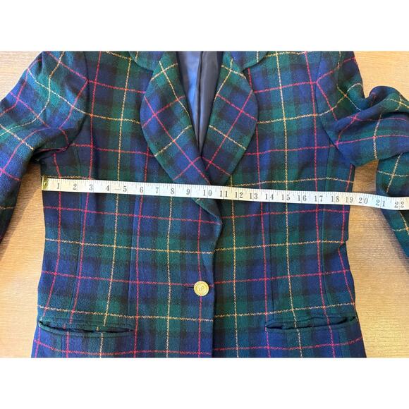 JOAN LESLIE Plaid Blazer Coat Jacket Women size 10 Navy Green Holidays Tartan - Picture 9 of 10